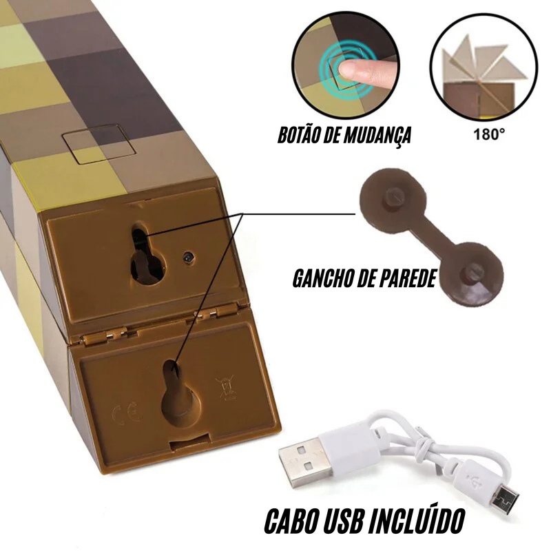 🪄Tocha Minecraft Exclusiva Luminária Infantil de LED. - Recarregável Tipo C.🔋
