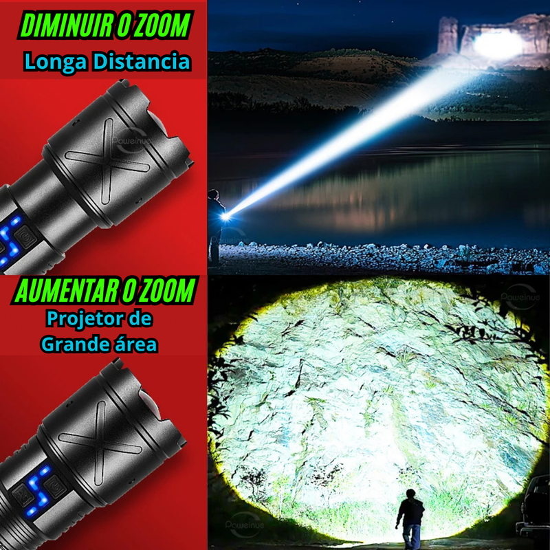 🔦Lançamento - Lanterna LED Ultra Poderosa 2025 - Alcança até 300M / Recarregável (Tipo C)🔋 - A Prova d'Agua💦 - Pode ser Usada como Carregador Portátil.🪫📱⚡️