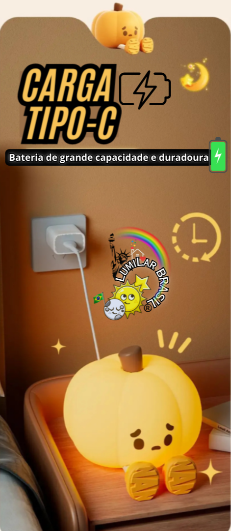 🎃Mini Abobora Fofa - Pode ser Usada Como Suporte de Celular para Assistir.📲 - Recarregável Tipo C.🔋
