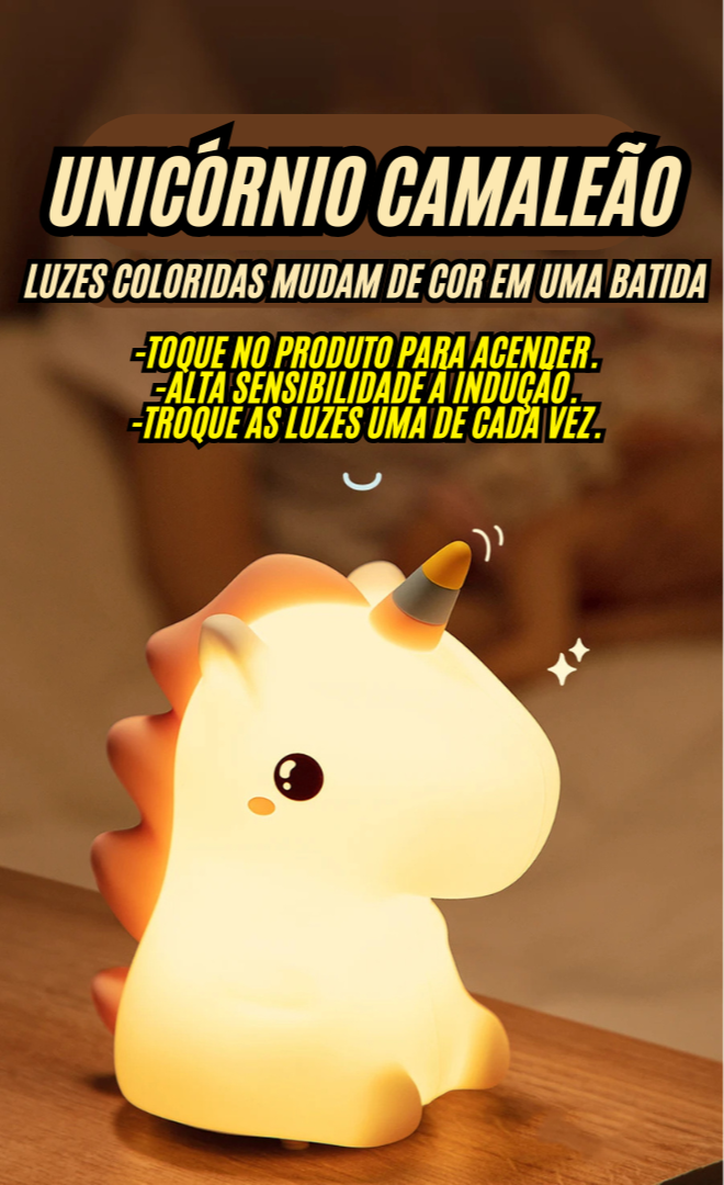 🦄 Unicórnio Camaleão 7 Cores - Sensível ao Toque - Recarregável Tipo C.🔋