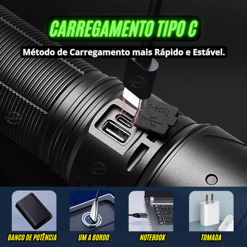🔦Lançamento - Lanterna LED Ultra Poderosa 2025 - Alcança até 300M / Recarregável (Tipo C)🔋 - A Prova d'Agua💦 - Pode ser Usada como Carregador Portátil.🪫📱⚡️