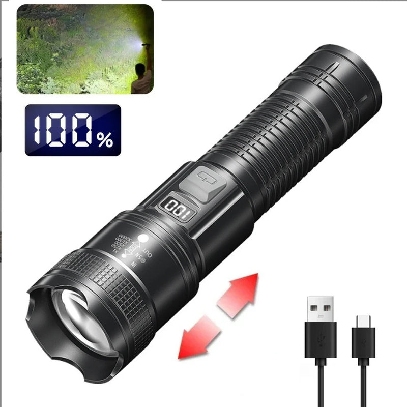 🔦Lanterna de LED Premium. Alcança até 150M / Recarregável (Tipo C)🔋 - Visor Digital - A Prova d'Agua💦 - Pode ser Usada como Carregador Portátil.🪫📱⚡️