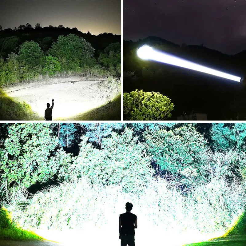 🔦Lançamento - Lanterna LED Ultra Poderosa 2025 - Alcança até 300M / Recarregável (Tipo C)🔋 - A Prova d'Agua💦 - Pode ser Usada como Carregador Portátil.🪫📱⚡️